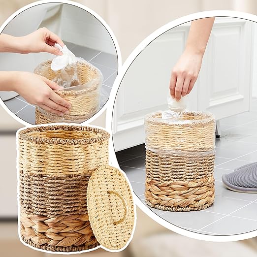 Ctosree 1.3 Gallons Small Trash Can with Lid Handle Boho Woven Braided Bathroom Waste Basket Trash Can with 100 Garbage Bags for Bedroom Office Laundry(Braided Wicker, Primary Color)