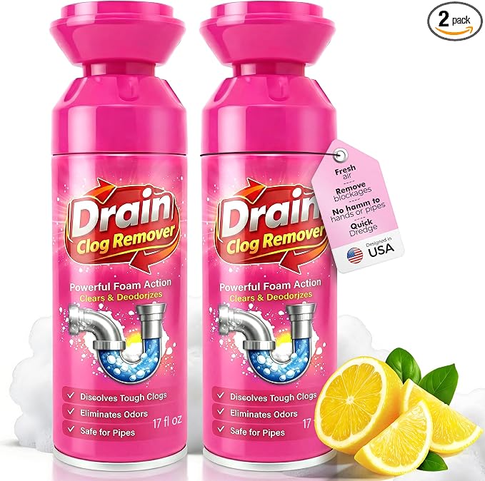 Foaming Drain Cleaner, Drain Clog Remover, Sink Hair Cleaner and Deodorizer, Pipe-Safe Foam Cleaner for Kitchen Sinks Bathroom Drains Showers Tubs, Fast Odor Control, Easy Foam Care (2Pcs)