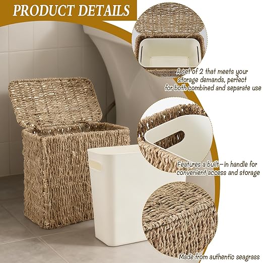 Wicker Trash Can with Lid and Liner, Bathroom Trash Can with Lid, Natural Water Hyacinth Wicker Waste Basket, Boho Rattan Garbage Wastebasket for Bedroom Living Room Office Kitchen