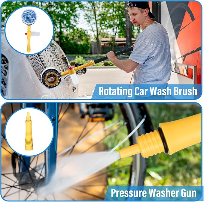 Toolly Car Wash Brush Cleaning Kit, 360° Spin Car Mop, Microfiber Rotating Car Cleaning Brush, Detachable & Extendable Scrub Brush, Garden Hose Spray Nozzle Spray Gun for Cars, Yards, Garden, Pets