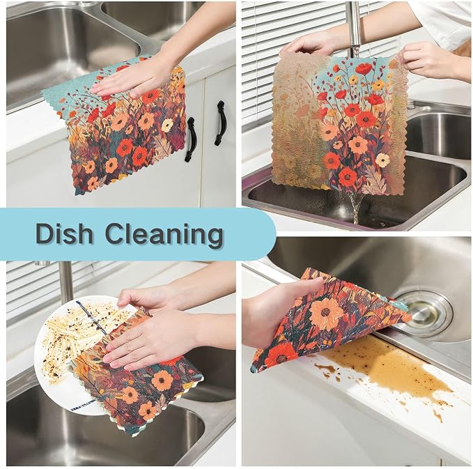 Autumn Poppy Flowers06 Kitchen Towels Dish Cloths Set of 6 Microfiber Cleaning Cloths for Cars Super Absorbent Machine