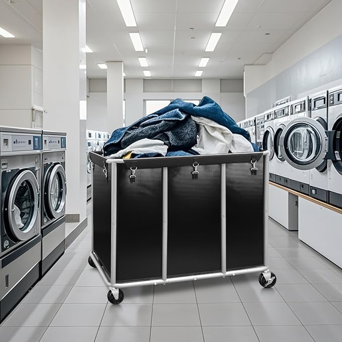 STORAGE MANIAC Commercial Laundry Cart with Wheels, 420L Black | Heavy Duty 400 lbs Load, Rust-Resistant Steel Frame, Waterproof Removable PVC Tarpaulin Liner, Hotel, Hospital Industrial Use
