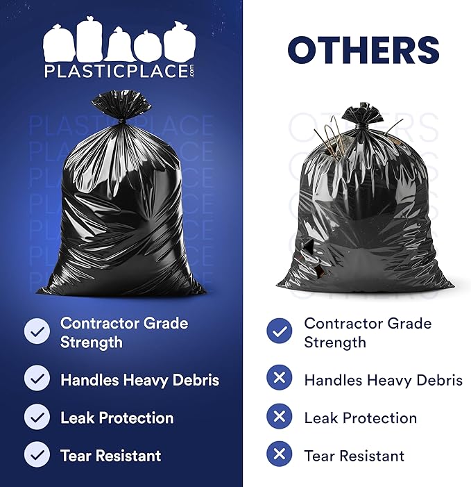 Plasticplace Contractor Trash Bags 42 Gallon │ 4.0 Mil │ Black Heavy Duty Garbage Bag │ 33” x 48” (50 Count)