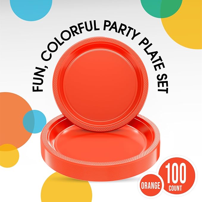 Exquisite Party Solids Orange Plates Disposable Orange Plastic Plates 100 Pieces - 50-7" & 50-9" Heavy Duty 350 GSM Disposable Dinnerware Sets, Plastic Dinnerware Sets