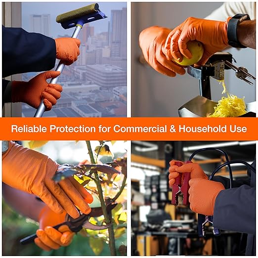1st Choice 6 mil Orange Gloves, Disposable, Latex Free, Raised Diamond Grip, Mechanic Glove for Men, Medium, 1 Box of 100