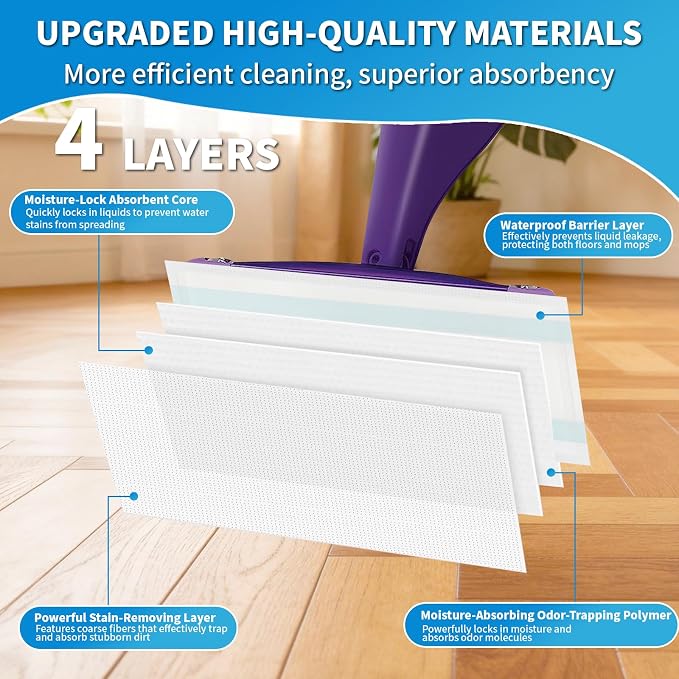60 Pack Disposable Wet Jet Pads for Swiffer WetJet Mop - Multi-Surface Floor Cleaning Mop Pads, Mopping Replacement for Swiffer Wet Pads Refill, Super Absorbent | 4-Layer Thickened