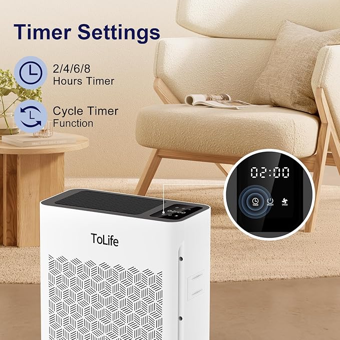 Tolife Air Purifier Large Room, HEPA Air Purifiers for Home Pets Hair with Washable Filter, Air Cleaner for Bedroom up to 1095 Ft² Dust Smoke Odor, Sleep Mode, Timer, White