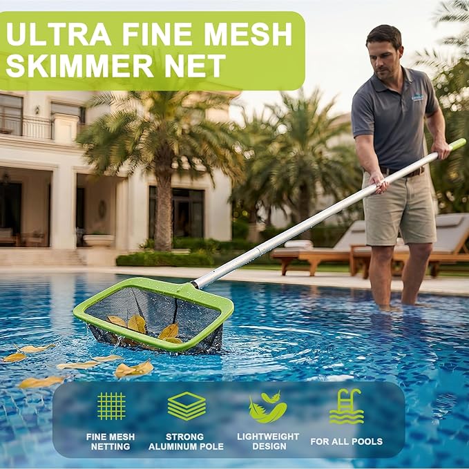 BoxedHome Swimming Pool Cleaning Kit with 10.5Ft Adjustable Aluminum Pole, 17.5" Rounded End Pool Brush Head & Deep Skimmer Net/Basket for Inground & Above Ground Pool