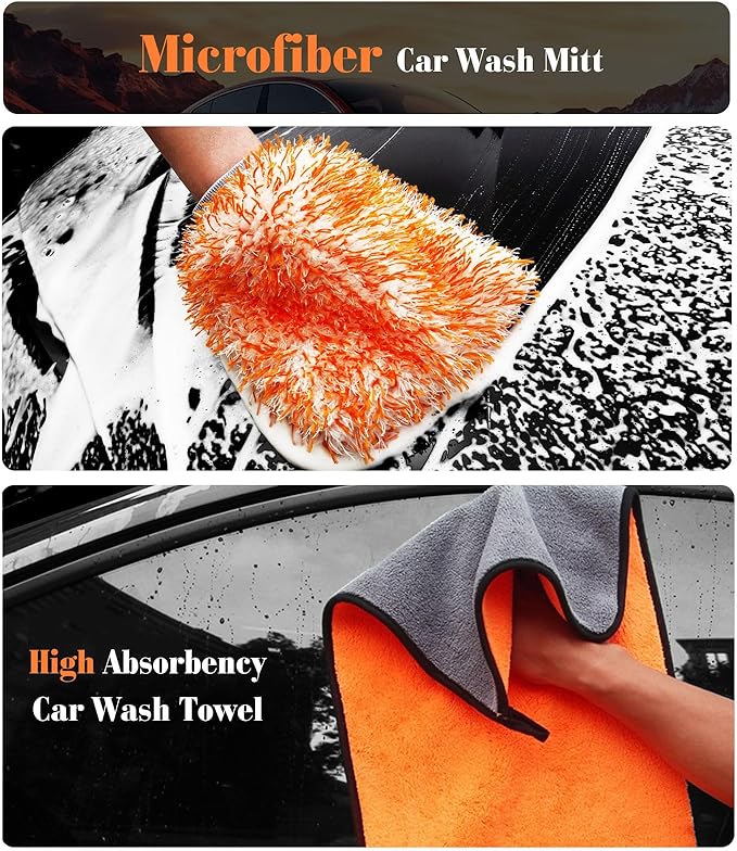 YeewayVeh 7PCS Motorcycle Cleaning Kit with 2-Size Bendable Wheel Brushes-Hard Reach Brush,Tire and Chain Brush, Boar Hair Detailing Brush, Wash Mitt & Microfiber Towel for Dirt Bike & Car Wheels