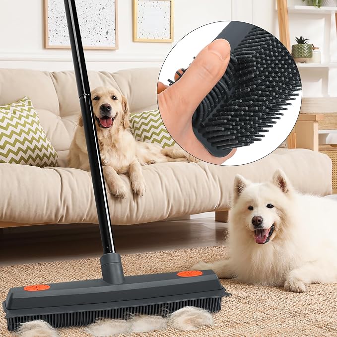 Pet Hair Removal Tool Set: Rubber Broom + Pet Hair Remover Brush for Car, Furniture, Carpet