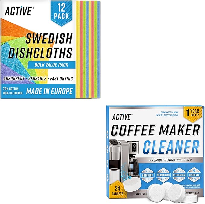 ACTIVE Swedish Dishcloths and Coffee Maker Cleaner - Includes 12ct Cellulose Sponge Cloths and Coffee Machine Cleaning Tablets