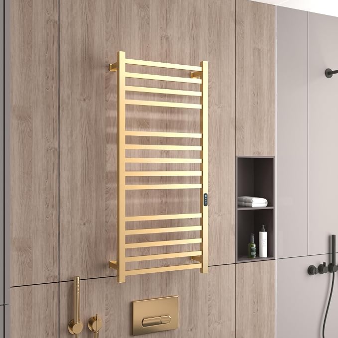 Luxury Heated Towel Rack for Bathroom, Wall Mounted Electric Towel Warmer Racks with Timer & Temperature Multi-Level Adjustable, 14 Bar Stainless Steel Towel Heater for Bathroom (Brushed Gold)