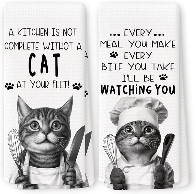 Funny Chef Cat Kitchen Towels 16x24 Inch Set of 2 | Cat Mom Dad Lady Lovers Gifts for Women Men Dish Tea Towels for Kitchen, Pet Lover Gifts Decorative Hand Towel