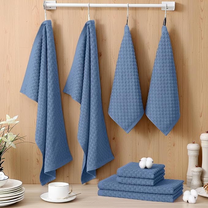 Homaxy 100% Cotton Kitchen Towels and Dishcloths Set, 12 x 12 & 15 x 25 Inches, Set of 10 Bulk Terry Cloth Dish Towels, Super Soft and Absorbent Hand Towel with Hanging Loop, Navy Blue