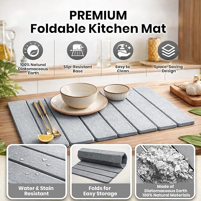 Kitchen Dish Drying Mat - Super Absorbent Microfiber Countertop Drainer Pad, Quick Dry Sink Mat for Dishes, Glassware & Utensils, Non-Slip Kitchen Counter Protector (Light Grey)