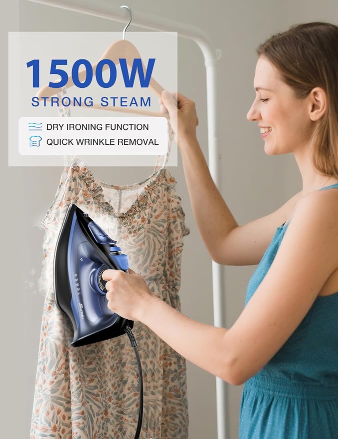 Sundu Steam Iron for Clothes with Rapid Heating Ceramic Coated Soleplate, 1500W with Precise Thermostat Dial, Self-Cleaning, Auto-Off, 15.21oz Water Tank for Home Clothes Ironing Use Dark Blue