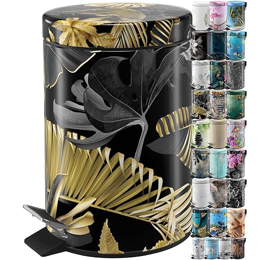Sanilo Small Bathroom Trash Can with Lid [1.3 Gallon] - Lidded Tiny Trashcan for Garbage - Mini Metal Bin with Soft Closing Mechanism - Bath Room Accessoire Wastebin with Inner Bucket (Golden Leaves)