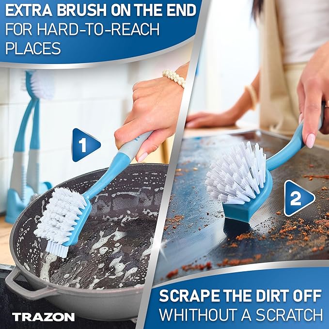 Dish Brush Set of 5 with Convenient Holder, Kitchen Scrub Brushes Non Slip Long Handle for Sink Dishes Cup Pot + Trazon 3-Piece Scrub Brush Set - Blue