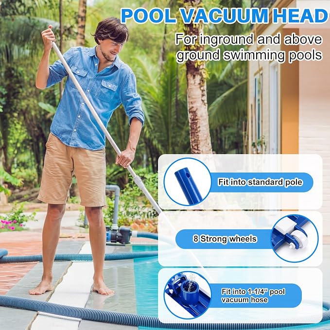 3 Pcs Pool Cleaning Kit 14" Vacuum Head with Flexible Wheels, 1-1/2 x 18ft Hoses and Skim Vacuum Plate Pool Maintenance Cleaning Accessory Tool for Fast, Easy Debris Removal