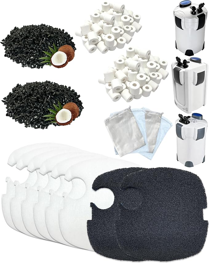 16-Piece Filter Media Replacement for SUNSUN HW-303B/703B,Fit Polar Aurora 370GPH & CF-400 Canister Filters(370 GPH), Includes 6 Filter Pads, 2 Activated Carbons,2 Ceramic Rings & 4 Mesh Bags