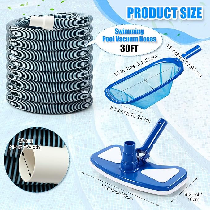 3 Pcs Pool Vacuum Kit Manual Vacuum Head with 1-1/2" x 18ft Long Hoses and Skimmer Net Flexible Head Wheels, Maintenance Accessory Tool for Above Ground Inground Pool Cleaning