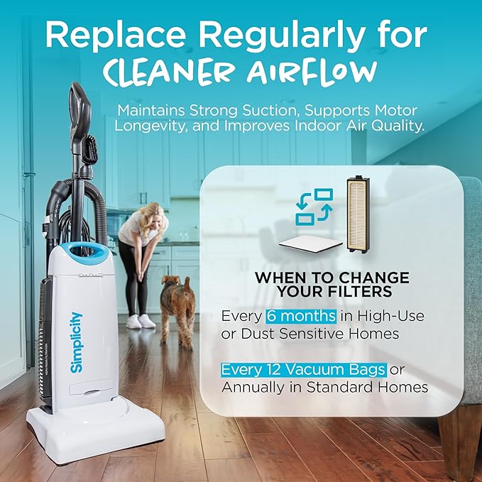 "Simplicity Vacuums Certfied HEPA Vacuum Cleaner Bags & Filter Media Set for (S26HC-6) S26 Premium Allergy Upright Vacuum, Charcoal-Infused Lining, 5-Layer Cloth Filtration, Self-Sealing, Pack of 6 "