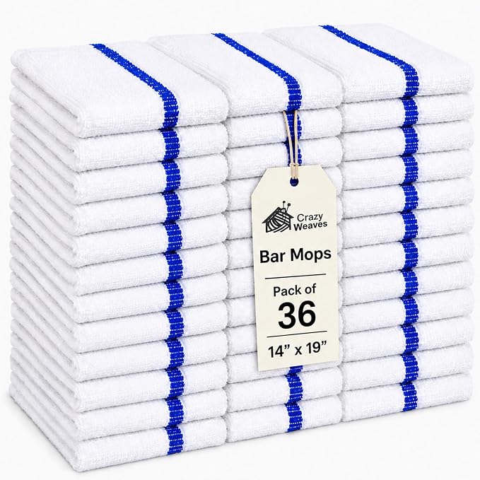 Bar Mops Pack of 36 (14" x 19") - 100% Cotton Cleaning Rags for Housekeeping - Thick, Absorbent & Reusable Bar Towels for Cleaning House & Restaurant - Kitchen Towels Bulk (Blue Stripe)
