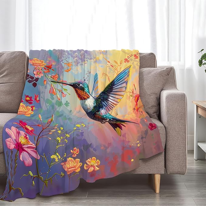 Hummingbird Flower Blanket Bird Floral Decor Throw Blanket Cozy Plush Flannel Fleece Warm Soft Lightweight Fuzzy Blanket Hummingbird Gifts for Women Girls Boys Teens for Bed Sofa Couch 50"X60"