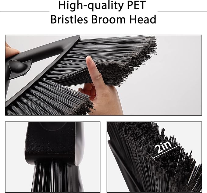 Eyliden Commercial Angle Broom and Dustpan Combo, with Long Handle and Lid, Lobby Dust Pan Sweep Set for Outdoor Garages Courtyard Sidewalks Decks Indoor Home Kitchen Room Office (Black Broom+Dustpan)