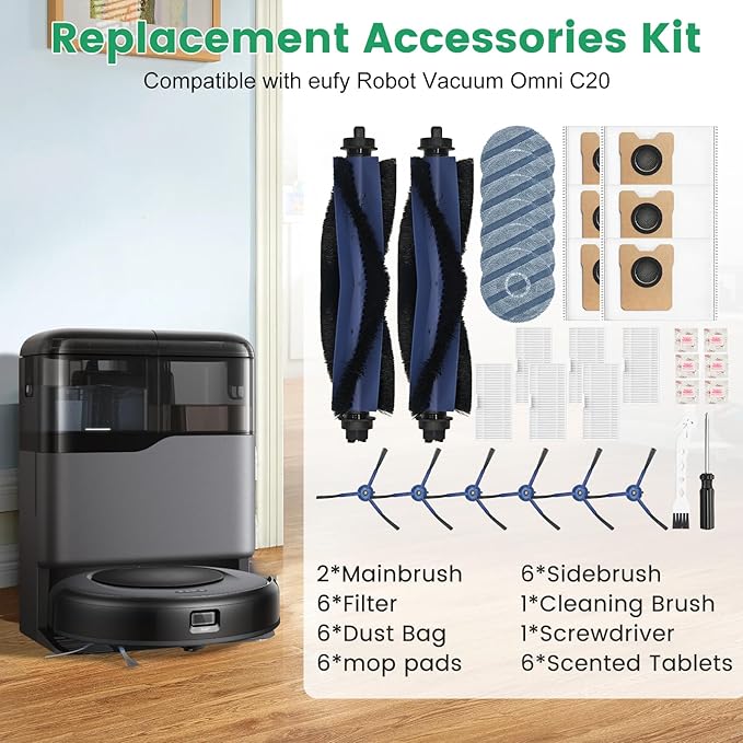 Pure Realm 34 Pack for eufy Vacuum Omni C20 Accessories Kit，2 Mainbrush 6 Filter 6 Dust Bag 6 mop pads 6 Sidebrush 1Cleaning Brush 1Screwdriver,6 Sachet