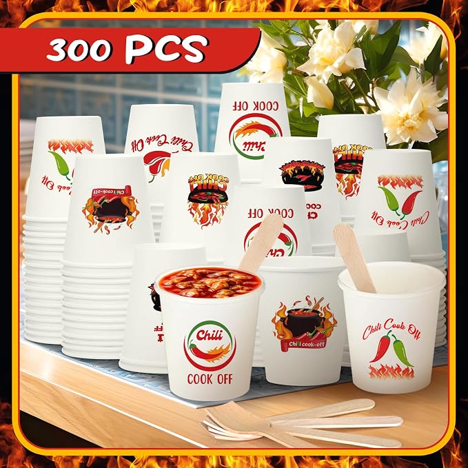 600 Pcs 5 oz Chili Cook off Party Decorations Include 300 Pcs Disposable Paper Chili Tasting Cups and 300 Pcs Wooden Spoons for Chili Cook off Decorations Party Supplies