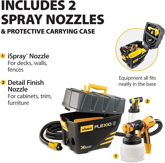 Wagner Spraytech 0529091 FLEXiO 5000 Stationary HVLP Paint & Stain Sprayer, Sprays Most Unthinned Latex, Includes 2 Nozzles, iSpray Nozzle & Detail Finish Nozzle, Complete Adjustability for All Needs