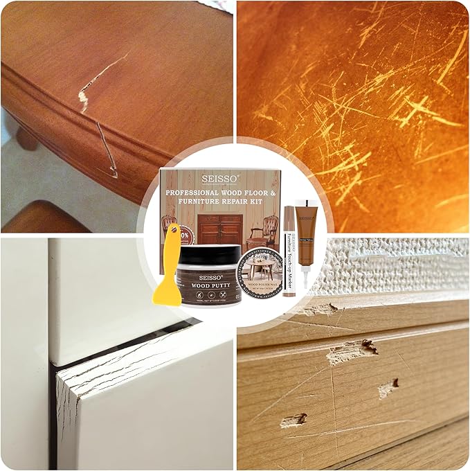 SEISSO Wood Furniture Repair Kit, 12 Colors Wood Fillers&Touch Up Markers, Wood Putty with Polish Wax, Wood Repairing Kit of Stains, Scratches, Holes, Cracks(40 PCs)