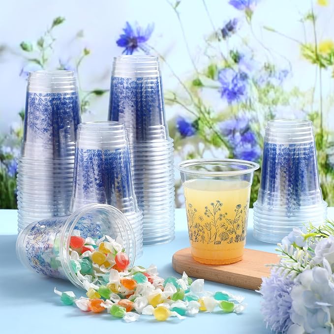 Jingmore 100 Pcs Flower Plastic Cups 12 oz Floral Wildflowers Disposable Clear Drinking Cups Bulk for Summer Spring Wedding Baby Shower Birthday Party Decorations Supplies(Blue Floral,Blue)