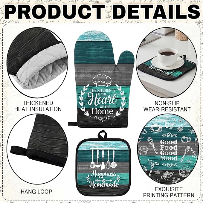 10 Pcs Teal Turquoise Kitchen Decor and Accessories Set, 4 Dish Towels Kitchen Rugs 2 Oven Mitts 2 Pot Holders, Home Decor for Cooking Baking BBQ Gifts Women Mom Housewarming