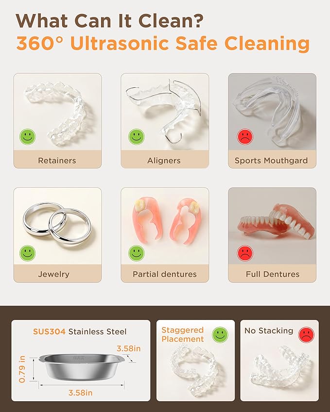 UEOFEN Cordless Ultrasonic Retainer Cleaner: 10-14 Cleans per Charge, 7-Day Travel Power - Smart Battery Percentage Display & UV Light - Compact for Retainers, Aligners, Partial Dentures, Jewelry