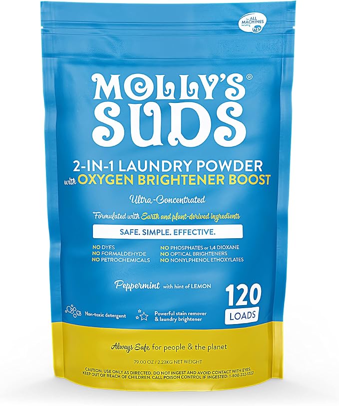 Molly's Suds 2-in-1 Original Laundry Powder with Oxygen Brightener Boost | Clean Laundry Detergent & Stain Remover | Peppermint with Hint of Lemon, 120 Loads
