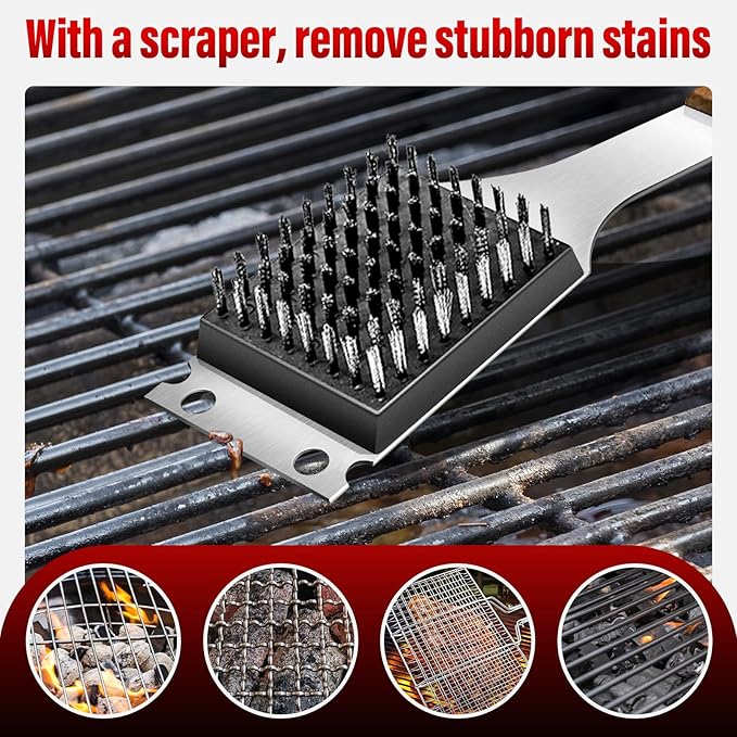 Grill Brush for Outdoor Grill Stainless Steel Head Barbecue Tool Grill Cleaner Wire Grill Brush and Scraper Durable BBQ Grill Brush Perfect BBQ Gift for Men Dad Husband