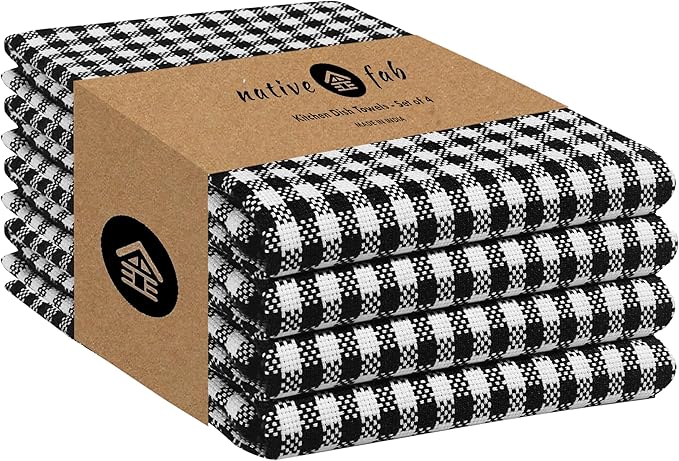 Native Fab 100% Cotton Gingham Farmhouse Kitchen Dish Towel 4 Pack 16"x26" - Absorbent Wash Cloths, Restaurant Grade Linen Towels, Tea Towels with Hanging Loop, Black White