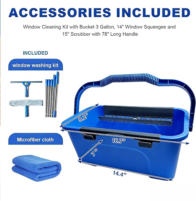 78" Window Cleaning Squeegee Kit with 3-Gallon Bucket, 14" Squeegee and 15" Scrubber, Professional Windows Washing Cleaner Tool for Outdoor, Home, Commercial Use (with Bucket kit)