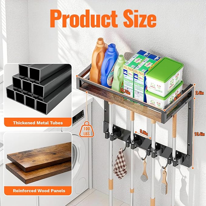Broom Holder Wall Mount with Shelf Load 66LBS Broom and Mop Organizer Wall Hanging Broom Hanger with 4 Mop Hanger Grippers, 3 Hooks for Laundry Room, Garage, Utility Closet, Kitchen, 1 Pack