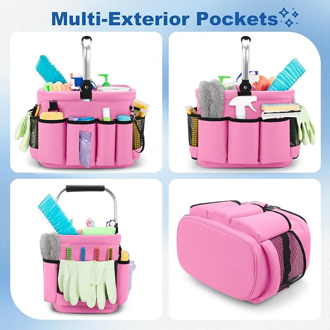 PGmoon Cleaning Caddy Organizer with Handle, Cleaning Tote Bag with Multiple Pockets for Cleaning Supplies, Products Storage, Housekeepers, Kitchen Cleaning Supplies, Pink