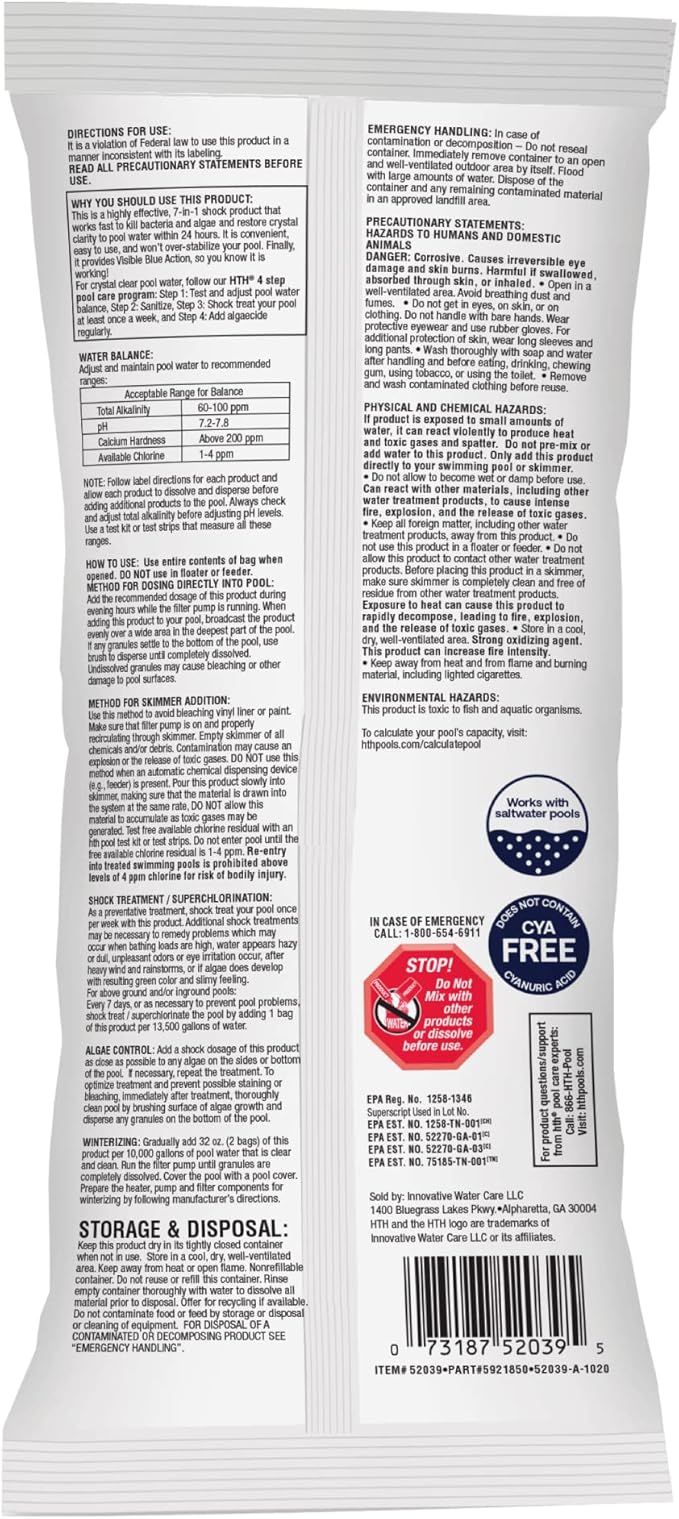 HTH 52039 Swimming Pool Care Shock Ultra, Swimming Pool Chemical, Cal Hypo Formula (1 Pack)