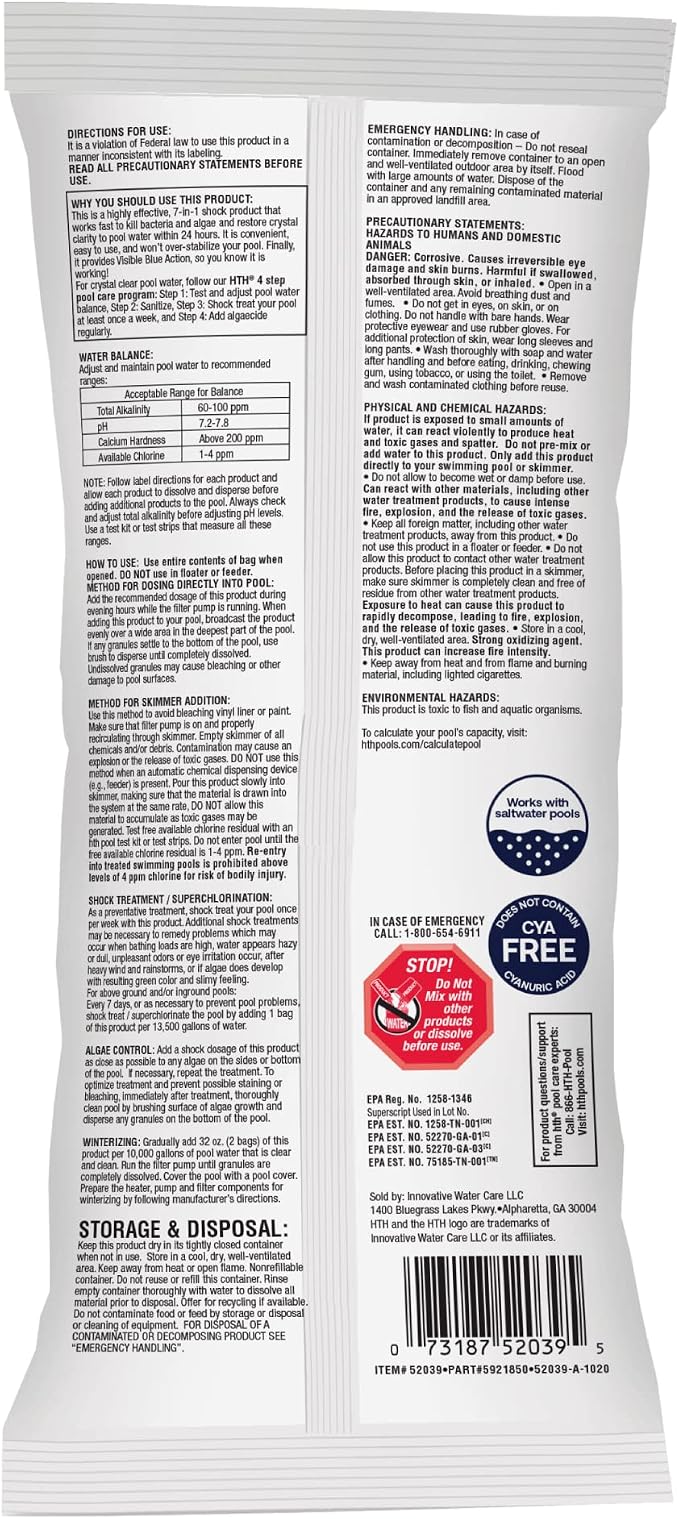 HTH 52039 Swimming Pool Care Shock Ultra, Swimming Pool Chemical, Cal Hypo Formula (4 Pack)