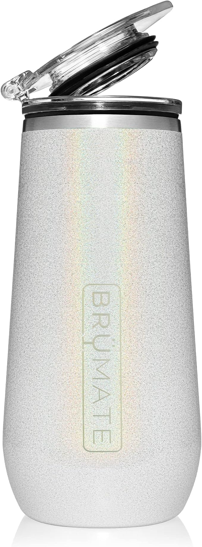 BrüMate Champagne Flute 12oz with Flip-Top Lid to Hold in Carbonation | Insulated Stainless Steel for Ice Cold Champagne | BPA-Free (Glitter White)