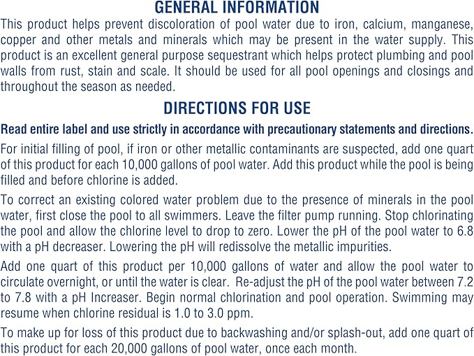 Pool Mate 1-Quart 2-Pack Concentrated Metal Out Stain and Mineral Inhibitor, Pool Metal Remover, Stain Remover, Made in USA
