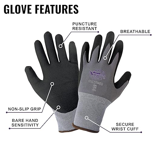 Global Glove 500NFT Tsunami Grip Nitrile Coated Work Gloves, Lightweight Seamless General-Purpose Heavy Duty Gloves, Cut Resistant, Secure Grip, Comfortable Fit, 12 Pairs, X-Large,Black/Grey