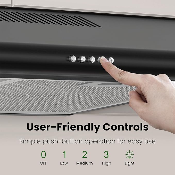 FIREGAS 30 Inch Black Under Cabinet Range Hood, Ducted/Ductless Convertible Kitchen Vent Hood with LED Light, 3-Speed Exhaust Fan, Push Button Control, Slim Stove Hood for Modern Kitchen