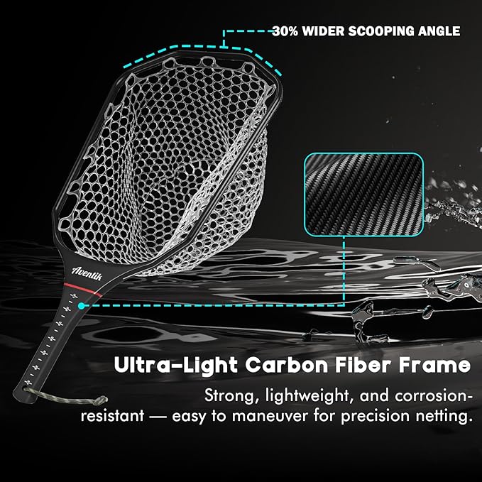 Riverruns Fly Fishing Landing Net Carbon Fiber Trout Net with Measurement Handle, Soft Rubber Mesh - 26" Standard (Wading) / 37" Long (Kayak)