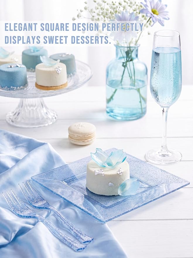 DaYammi 200 Pcs Blue Glitter Dessert Plates Including 100Pcs Appetizer Plates,100Pcs Plastic Forks, Plastic Square Plate for Party,Blue Disposable plates and Cake forks for Birthday Party Wedding